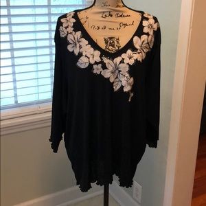 Black womens blouse with flowers and rhinestones